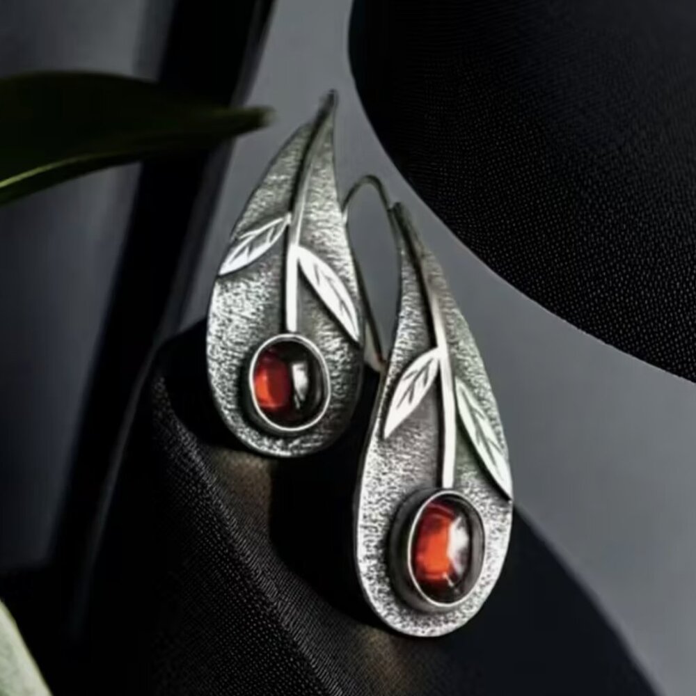 NEW Graceful Silver and Red Cabochon Curved Drop Boho Earrings - Picture 3 of 4